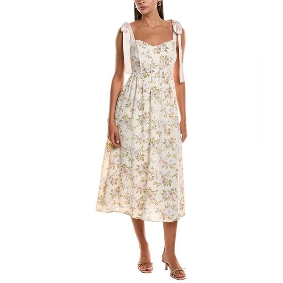 mine Dresses & Skirts - Mine Floral Corset Satin Tie Strap Cottagecore Regency Picnic Midi Dress Large